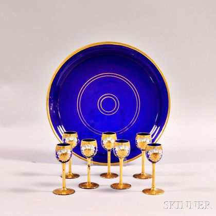Enamel-decorated Cobalt Glass Cordial Set