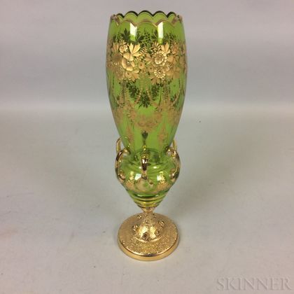 Etched and Gilt Emerald Glass Vase