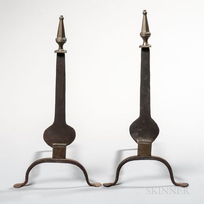 Pair of Iron and Brass Steeple-top Knifeblade Andirons