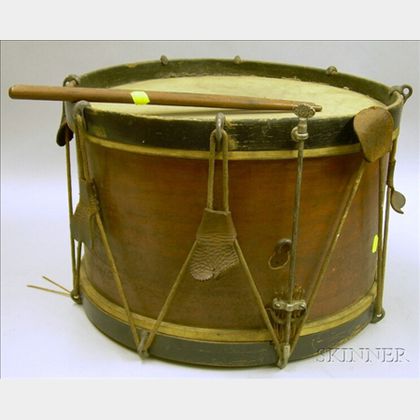 19th Century Part-Ebonized and Mahogany Marching Drum and Wooden Drumsticks