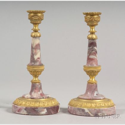 Pair of Empire Style Ormolu and Marble Candlesticks