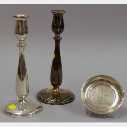 Pair of Sterling Cartier Weighted Candlesticks and Small Tiffany Sterling Plate. 