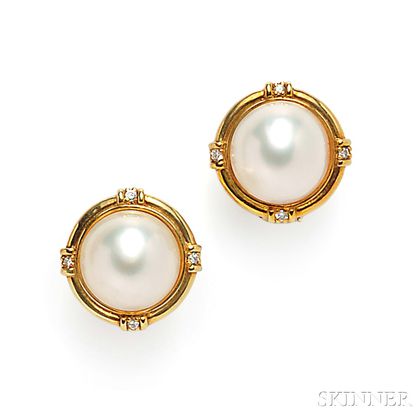 18kt Gold, Mabe Pearl, and Diamond Earclips, Mikimoto