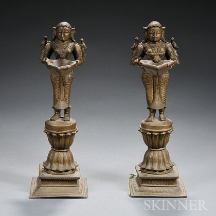 Pair of Bronze Figural Oil Lamps