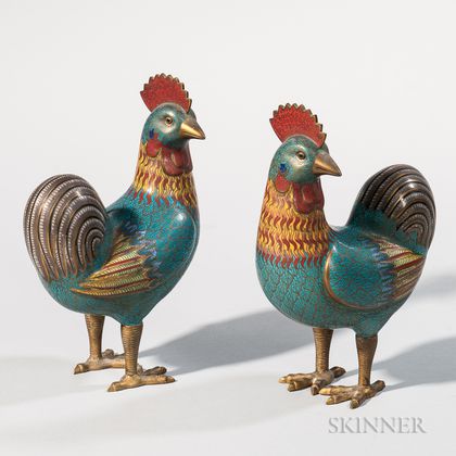 Pair of Cloisonne Roosters