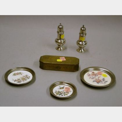 Pair of Sterling Casters, Set of Three Rorstrand Pewter-mounted Graduated Porcelain Nut Dishes, and a Dutch Bra... 