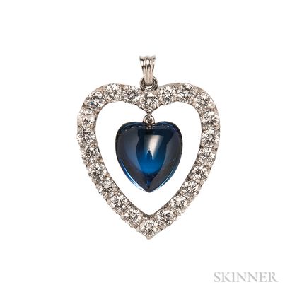Platinum, Synthetic Sapphire, and Diamond Heart Pendant