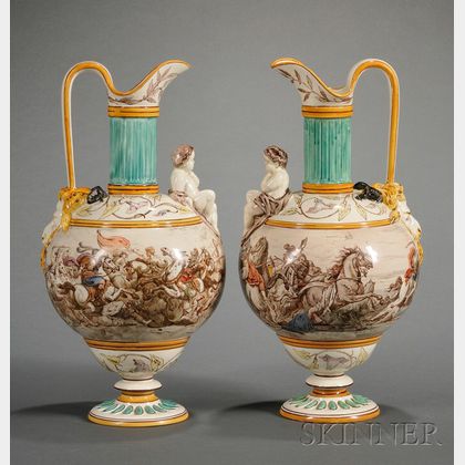 Pair of Wedgwood Lessore Decorated Queen's Ware Ewers