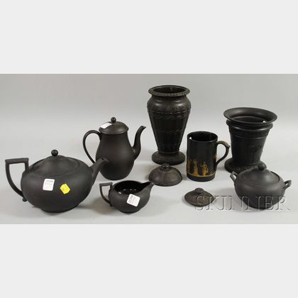 Seven Wedgwood Black Basalt Table Items