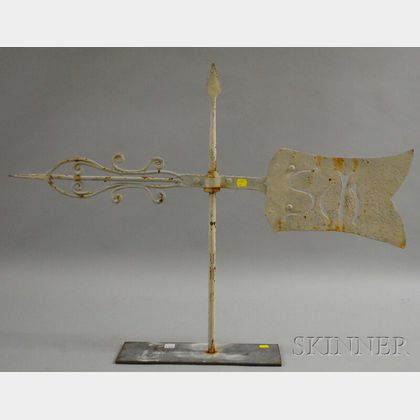 White-painted Wrought and Cut Sheet Iron Arrow and Banner Weather Vane