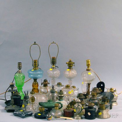 Group of Mostly Glass and Metal Fluid Burning Lamps
