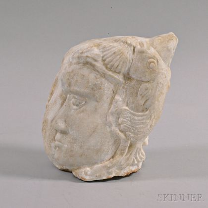 Carved Marble Head of a Woman with Fish