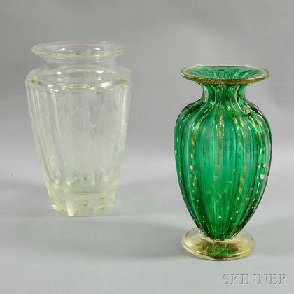 Moser Etched Colorless Glass Vase and a Green Gambaro & Poggi Murano Glass Vase