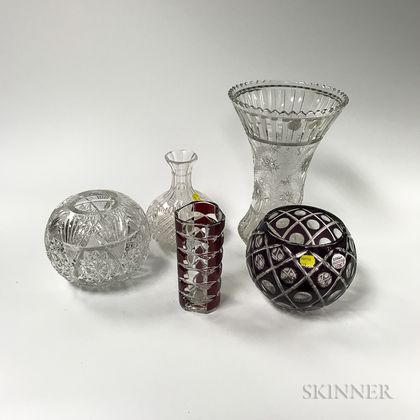 Five Cut and Cut-to-clear Glass Vases and Bowls