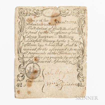 Massachusetts December 7, 1775 42 Shillings Contemporary Counterfeit, MA-188CT. Estimate $200-300