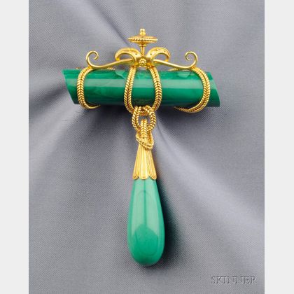 Etruscan Revival 14kt Gold and Malachite Brooch