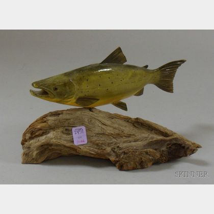 Carved and Painted Wooden Salmon Figure Mounted on Driftwood