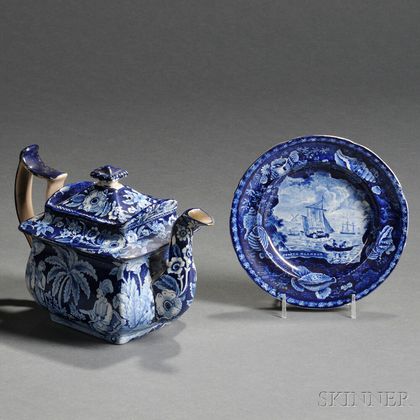 Blue Transfer-decorated Staffordshire Pottery Teapot and Small Plate
