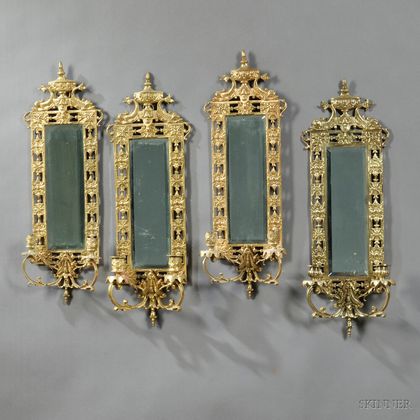 Four Bronze Two-light Wall Sconces with Mirrored Backs