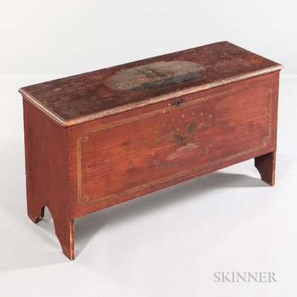 Large Red-painted Blanket Chest with Maritime-themed Paint Decoration