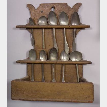Carved and Painted Pine Spoon Rack and Thirteen Pewter Spoons