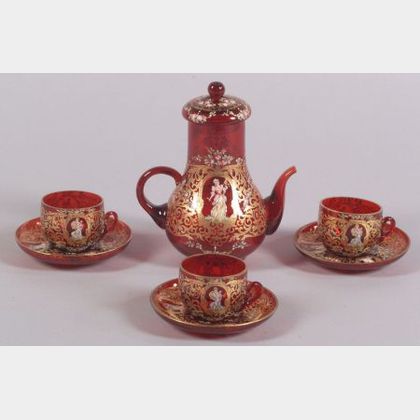 Continental Ruby Enamel Decorated Glass Partial Demitasse Set