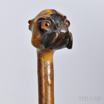 Carved Bulldog Head Walking Stick, late 19th/early 20th century, with realistically carved head and glass eyes, lg. 34 1/2 in. 