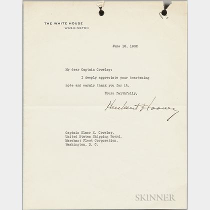 Hoover, Herbert (1874-1964) Typed Letter Signed, 18 June 1932.
