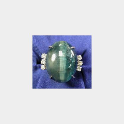 Platinum and Cat&#39;s-eye Green Tourmaline Ring