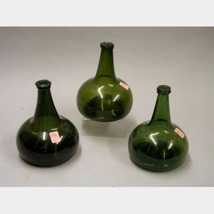 Three 18th Century Dutch Onion Green Glass Bottles. 