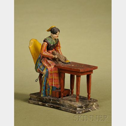 Early Carved Wood Knitting Lady Toy