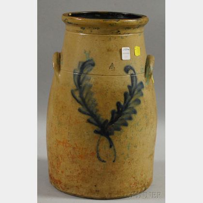Cobalt Crossed Palm Fronds-decorated Four-gallon Stoneware Churn. 