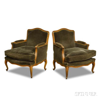 Pair of Louis XV-style Carved Fruitwood Bergeres