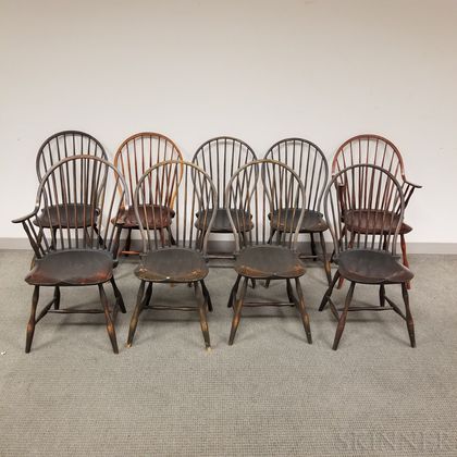 Nine D.R. Dimes Bow-back Windsor Chairs