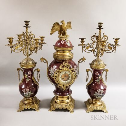 Continental Three-piece Enameled and Gilt Brass Garniture