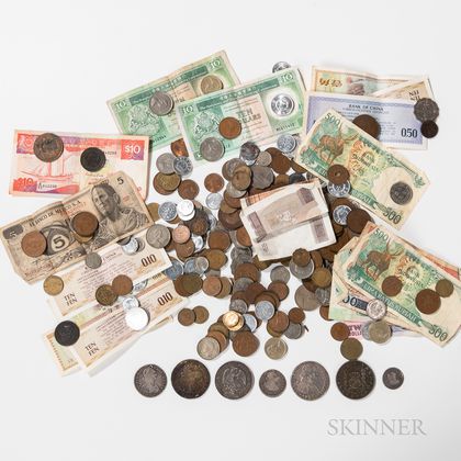 Group of World Coins and Paper Money