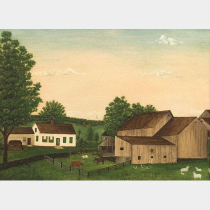 American School, 20th Century Primitive Painting of a Vermont Farm.