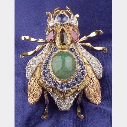 18kt Tricolor Gold and Gem-set Insect Brooch, Cazzaniga, Rome