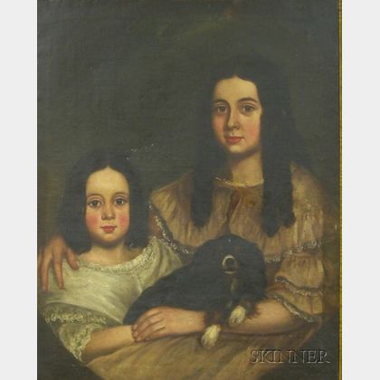 Framed oil on canvas depicting a portrait of two children with Spaniel