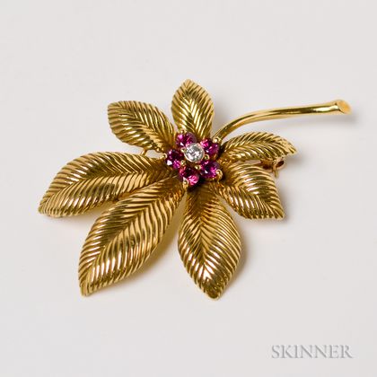 14kt Gold, Ruby, and Diamond Leaf Brooch