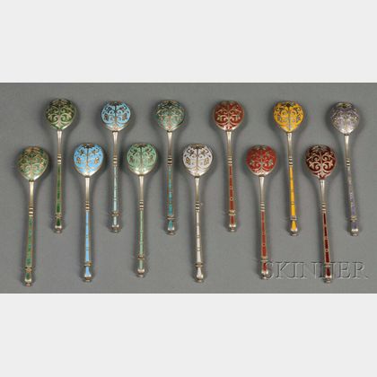 Set of Twelve Russian Gold-washed Silver and Enamel Spoons
