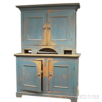 Blue-painted Two-piece Step-back Cupboard