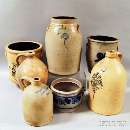Seven Pieces of Mostly Cobalt-decorated Stoneware
