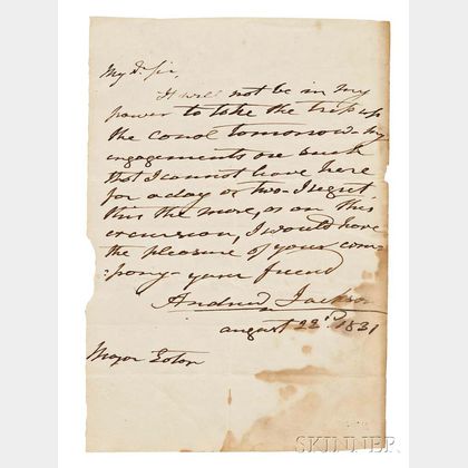 Jackson, Andrew (1767-1845) Autograph Note Signed as President, 22 August 1831.