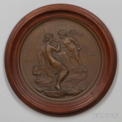 Framed Cast Bronze Medallion of Cupid and Psyche