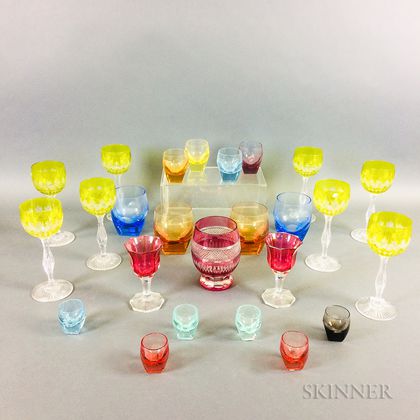 Twenty-five Mostly Moser Colored Glass Tableware Items