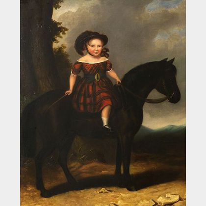 Anglo-American School, 19th Century Portrait of a Child Astride a Black Pony.