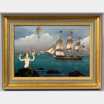 Ralph Eugene Cahoon, Jr. (American, 1910-1982) Mermaid with a Three-masted Ship and Hot Air Balloon.