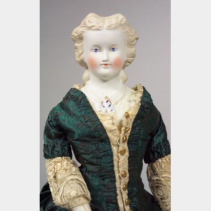 Large Fancy Parian Shoulder Head Doll with Molded Blouse
