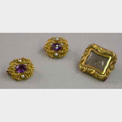 Antique 12kt Gold Memorial Brooch and a Pair of 9kt Gold and Purple Stone of Pins. 